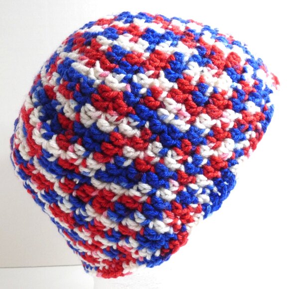 Red White Blue Skull Cap OS Handmade Crochet Hand Knit 4th of July Patriotic NWT - Picture 2 of 7